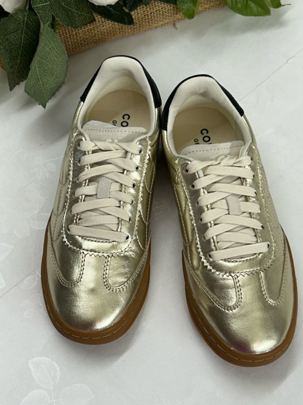 Cole Haan Metallic Gold Low-Top Sneakers with Cream Laces